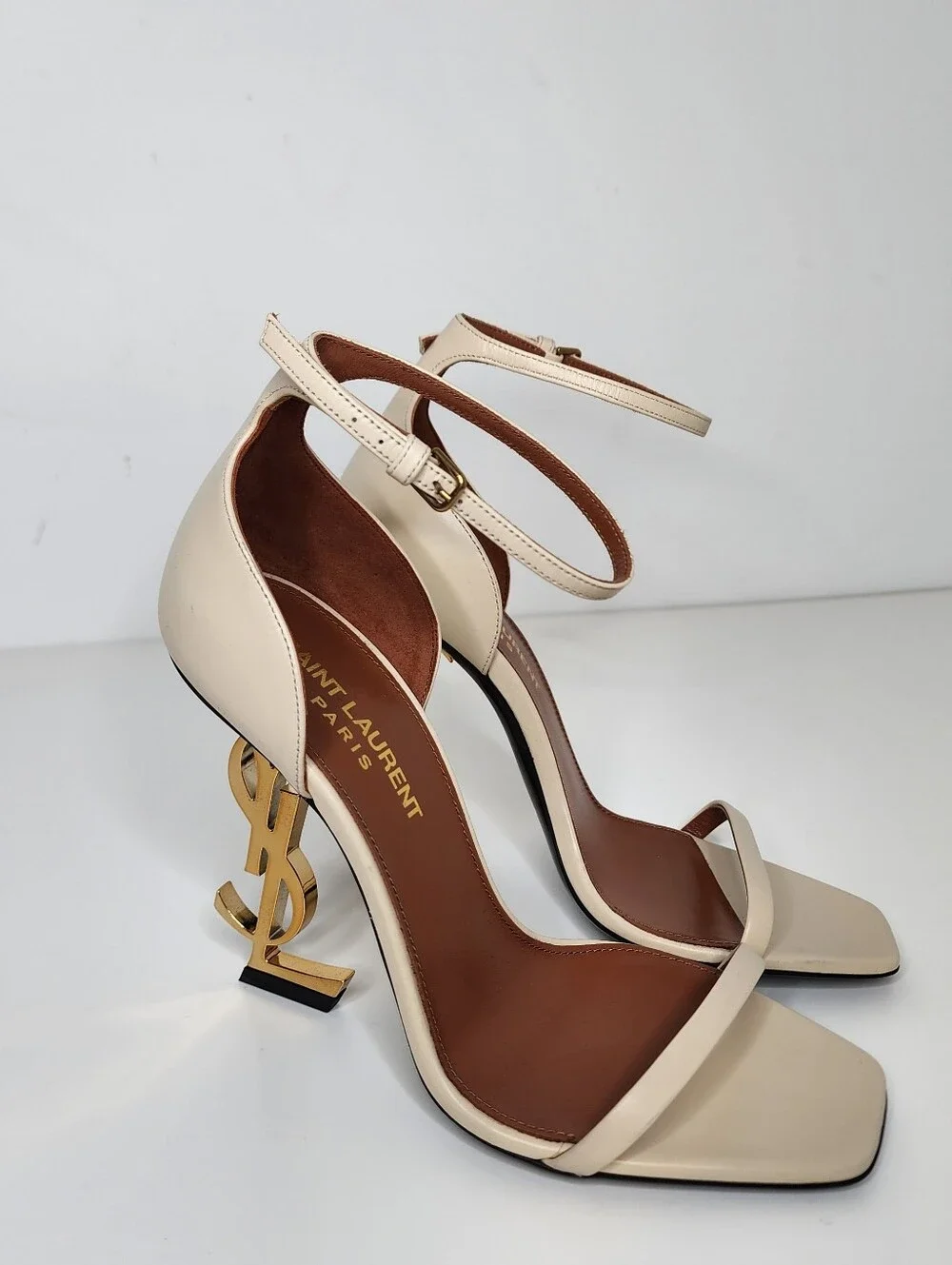 Saint Laurent Opyum 110 Leather Logo-Heel Sandals In Beige Size 35 - Picture 5 of 10